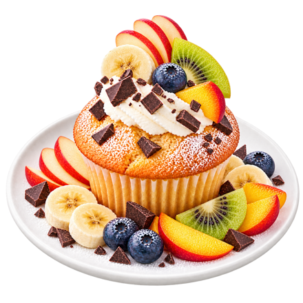 Muffin obložený ovocem a čokoládou 